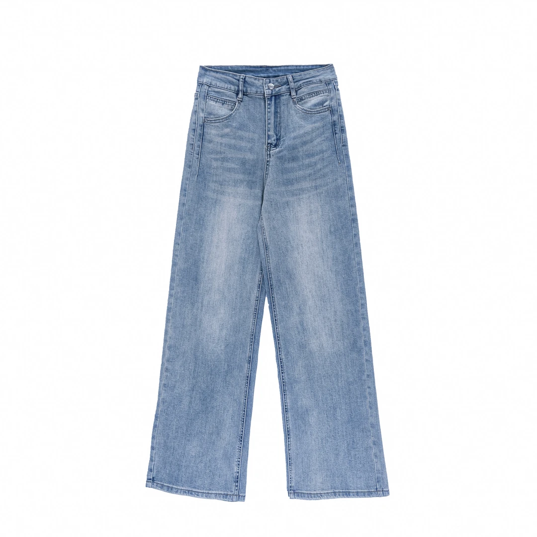 2025春季爆款浅蓝色弹力阔腿直筒刺绣牛仔裤女时尚休闲宽松89313