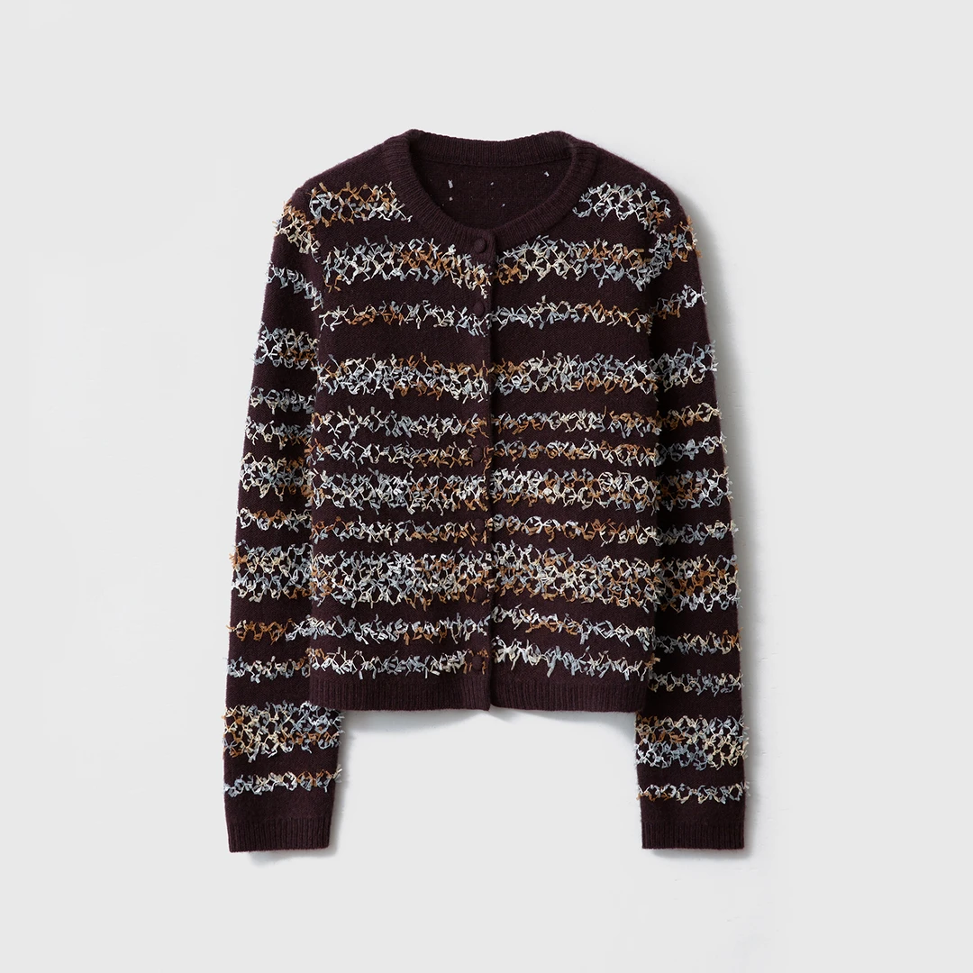 SILVIYE100绵羊毛圆领复古色针织毛衣女宽松显瘦羊毛开衫MY52040