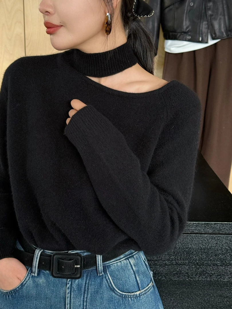 设计感露肩挂脖软糯亲肤羊毛毛衣时尚百搭上衣69299