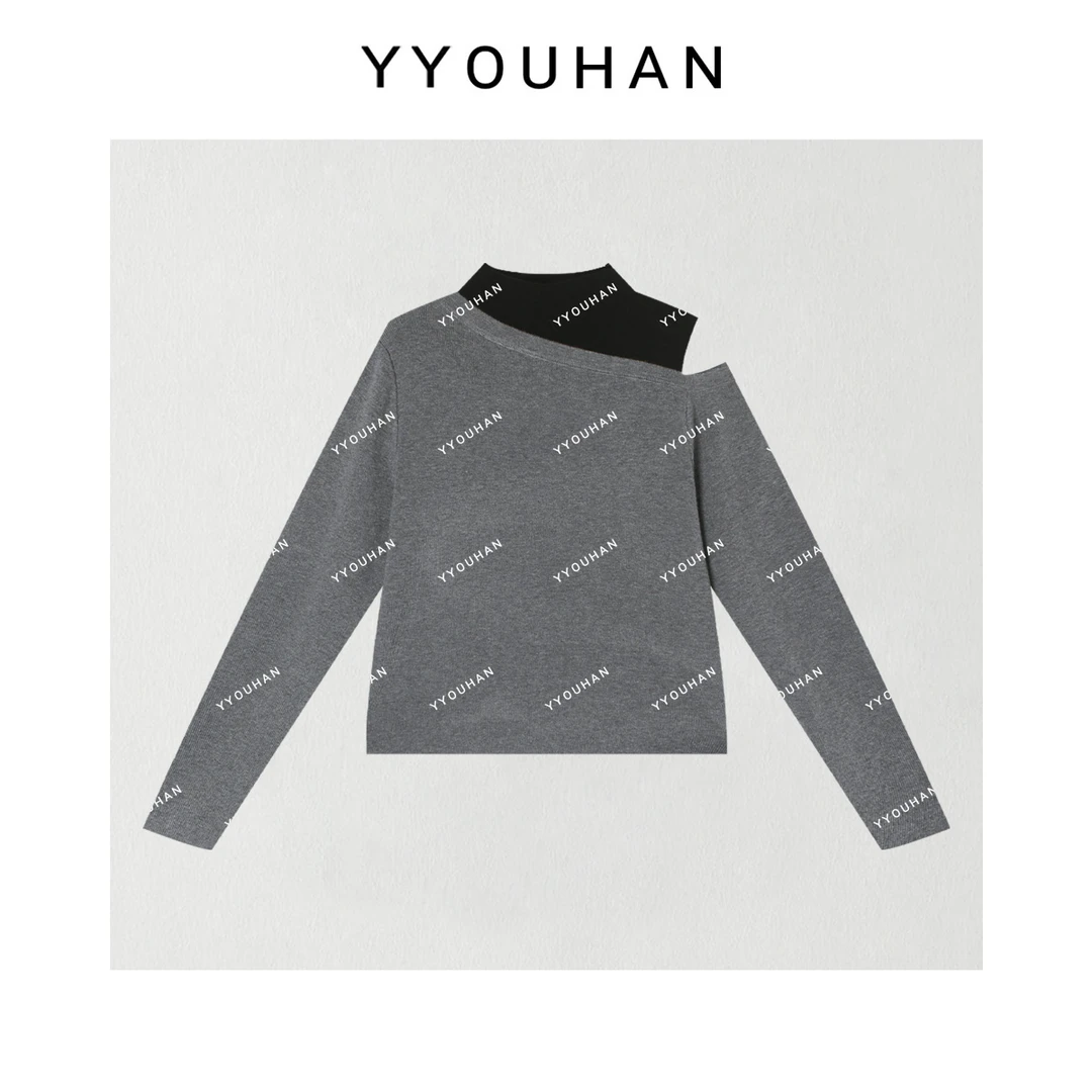 月月 2025秋冬新款小众设计感拼色露肩假两件套头针织衫2510C6469