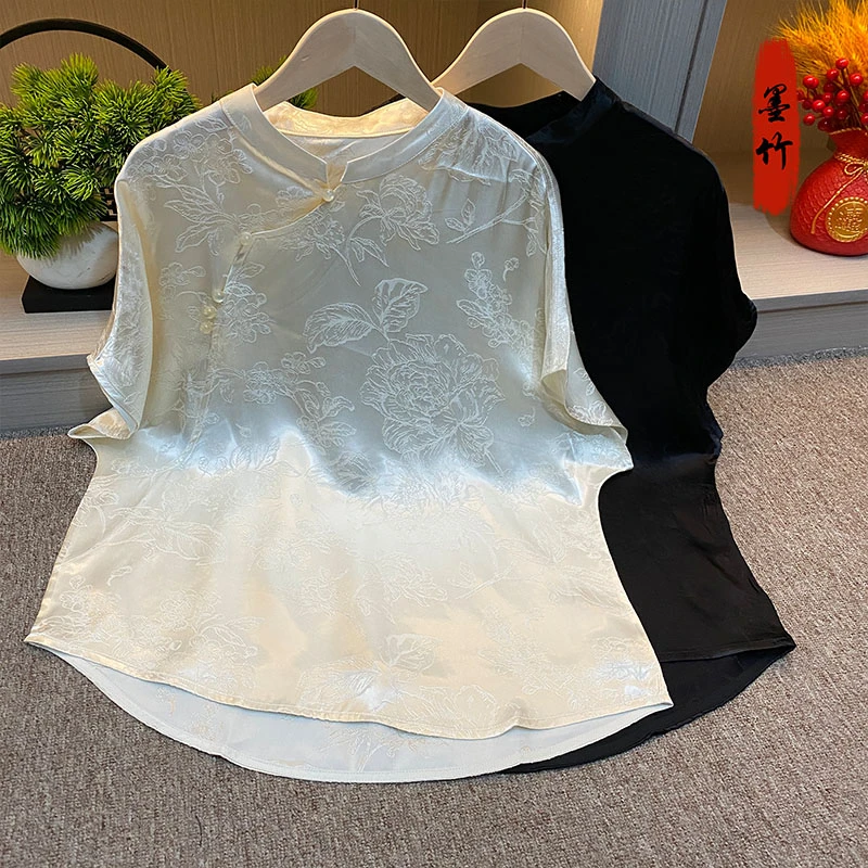 【69483】新中式中国风国潮时尚国风小衫气质百搭纯色提花短袖