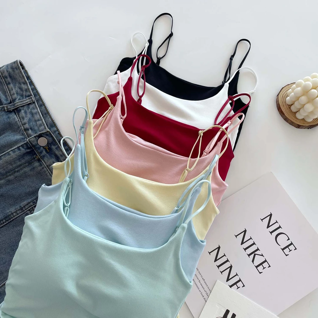 马卡龙色系少女吊带背心多巴胺褶皱收腰固定杯可调节肩带小上衣Y