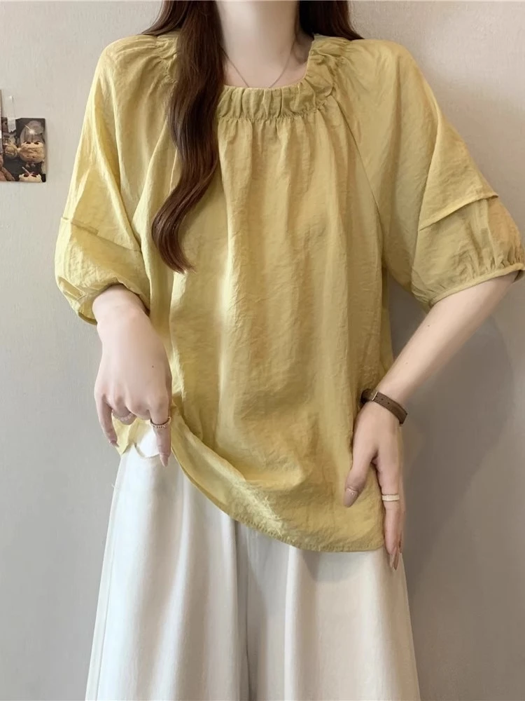 韩版ins正肩短袖衬衫女2025秋季薄款设计感小众遮肚小衫温柔上衣