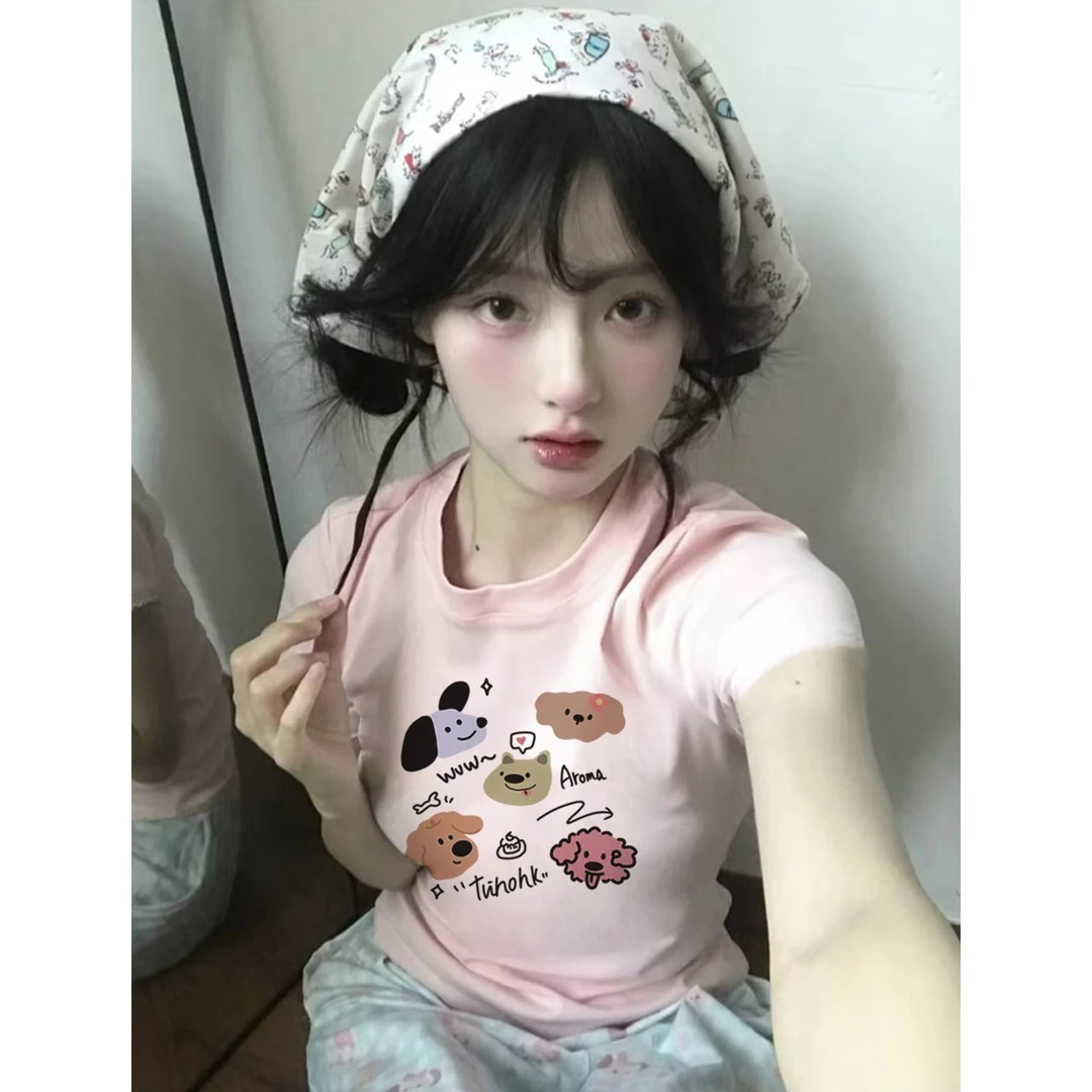 韩系夏季新款正肩圆领短袖t恤修身设计感甜美ins风气质显瘦上衣女