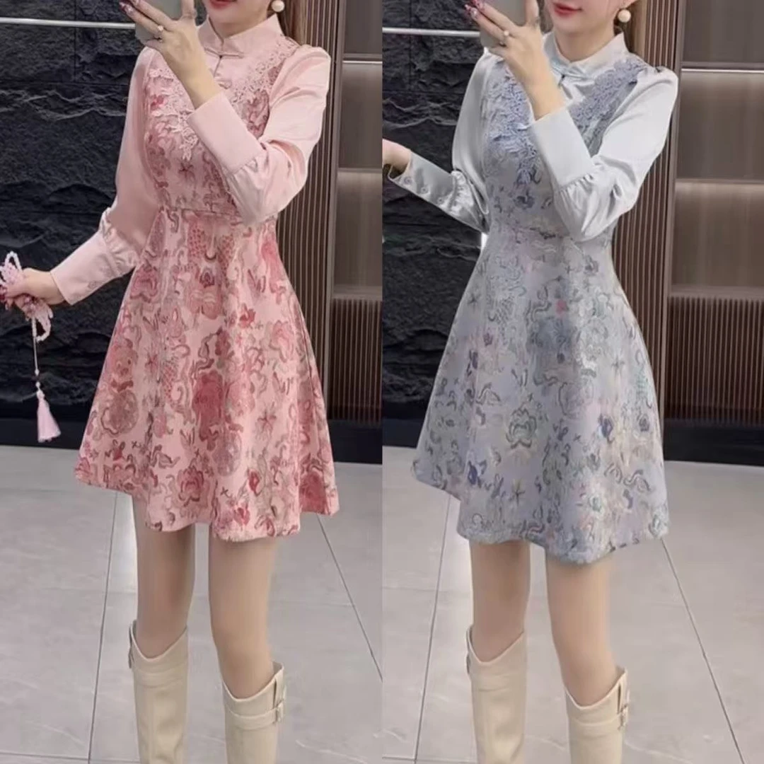 2906高端洋气新中式盘扣提花假两件拼接显气质瘦连衣裙