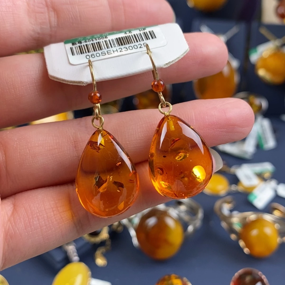 琥珀耳饰银S925镀金镶嵌
