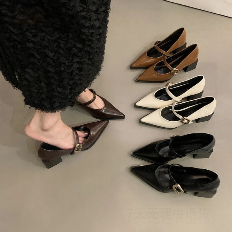 秋冬粗跟设计感小众浅口单鞋女新款法式尖头复古高跟玛丽珍小皮鞋