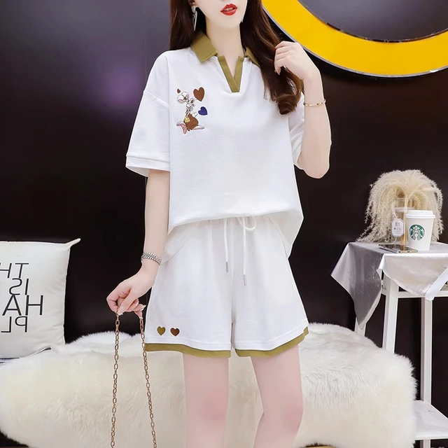 刺绣设计感衬衫领职业套装女2025夏季宽松韩版短袖T恤短裤两件套