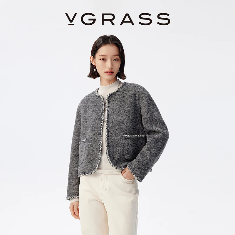 VGRASS秋冬新款羊毛混纺经典复古静奢小香风灰色短款外套圆弧下摆