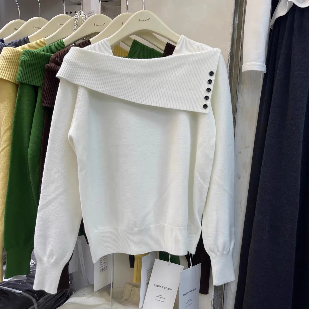 宽松型春季树脂固色针织毛针织衫一字领不规则领型