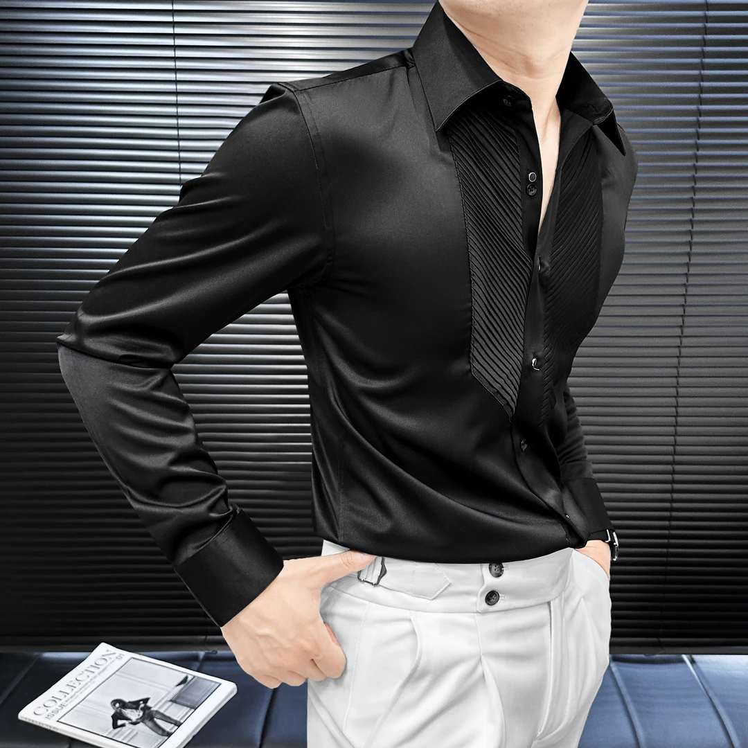 法式翼领衬衫男款长袖秋季新款高贵洋气男装气质风琴褶衬衣男上衣