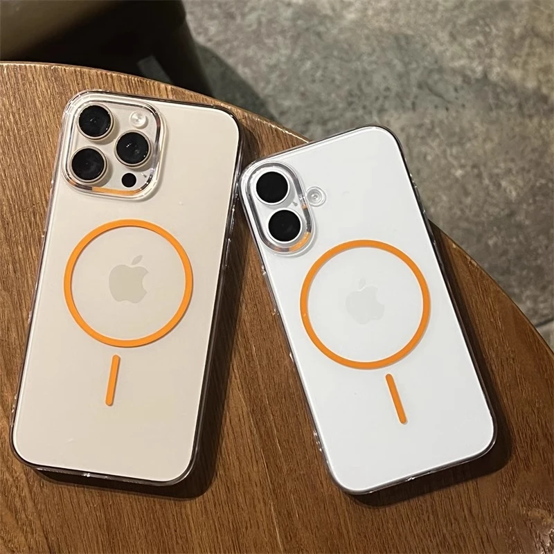 适用苹果16promax高透不发黄简约撞色磁吸15硬壳情侣手机壳14防摔