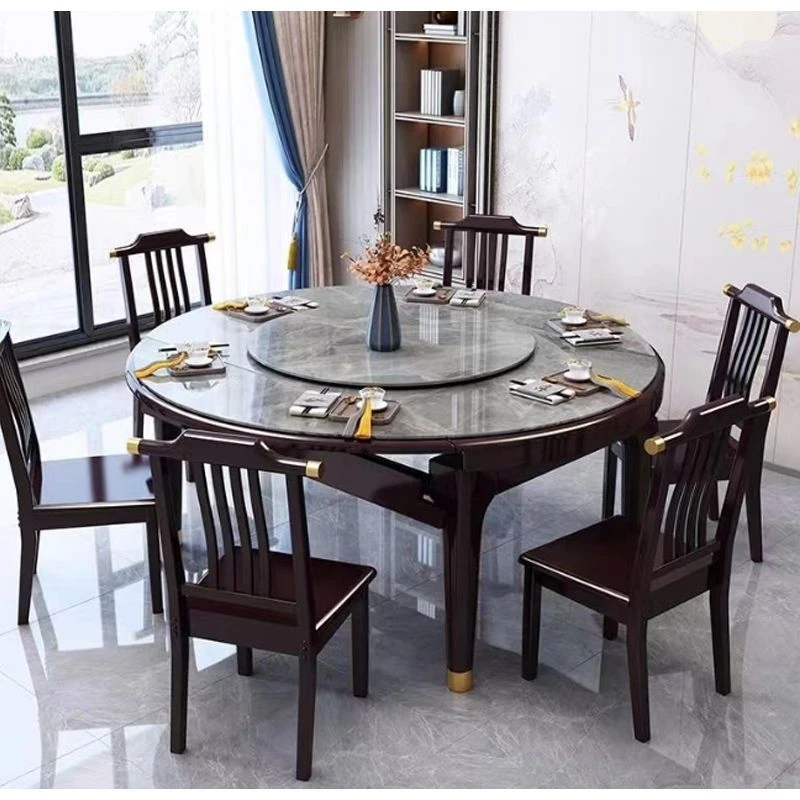 中式方圆两用岩板餐桌转盘成品圆桌家用多功能桌子折叠饭桌轻奢