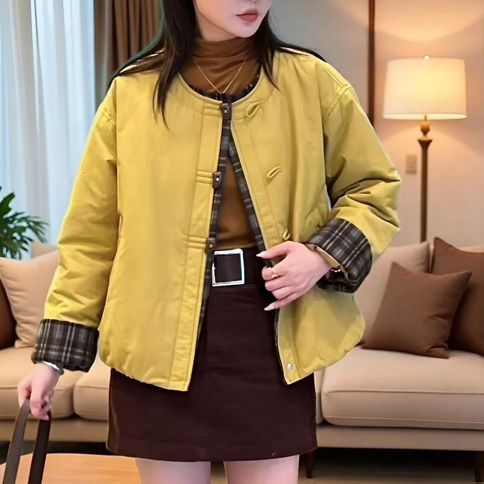 冬季新款韩系撞色洋气小棉袄时尚百搭休闲宽松显瘦圆领棉服上衣女