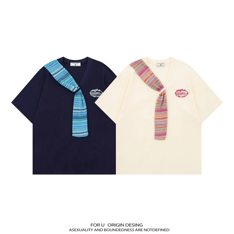 FOR U 原创国潮美式复古围脖短袖t恤男女夏季新款宽松小众半袖