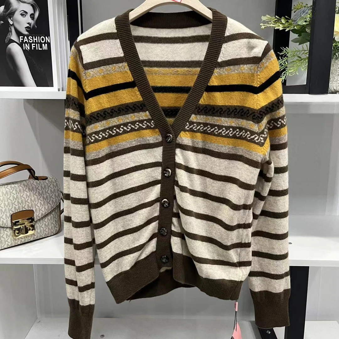 G8899【春季新款】时尚气质网红休闲百搭V领黄色拼接条纹开衫035#