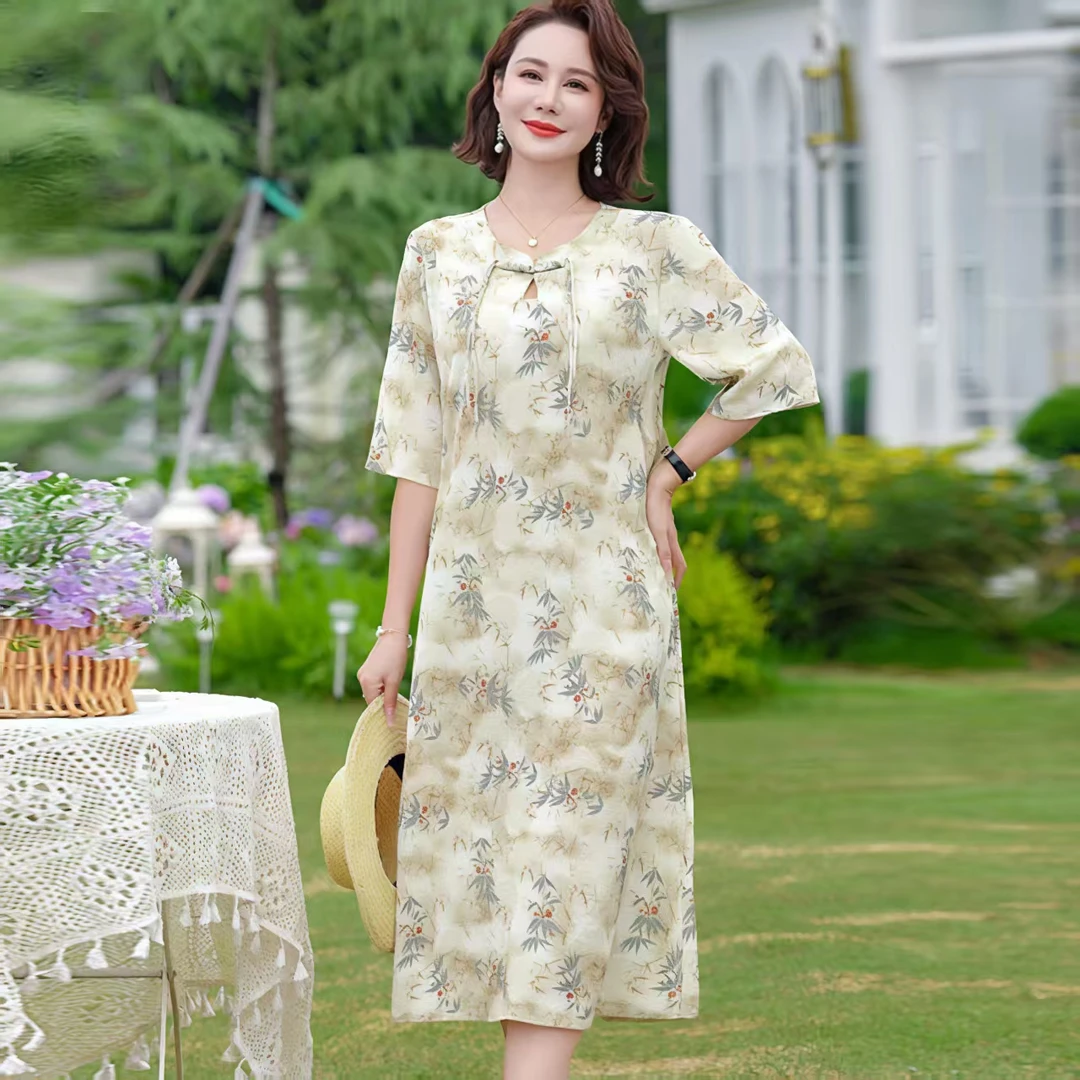 10083-妈妈复古气质连衣裙中式新款中老年显瘦夏季裙子【A7-1-3】