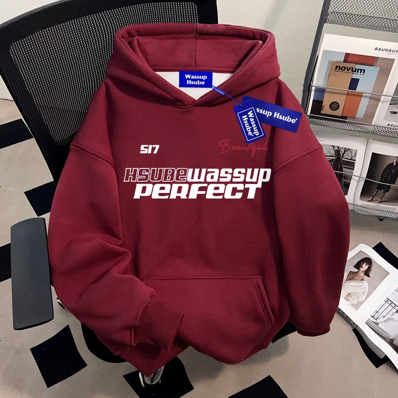 WASSUP HSUBE酒红色潮流重磅连帽卫衣秋冬潮牌美式套头青少年上衣