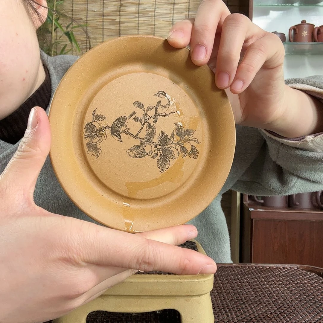 紫砂茶杯黄段小鸟杯垫12厘米