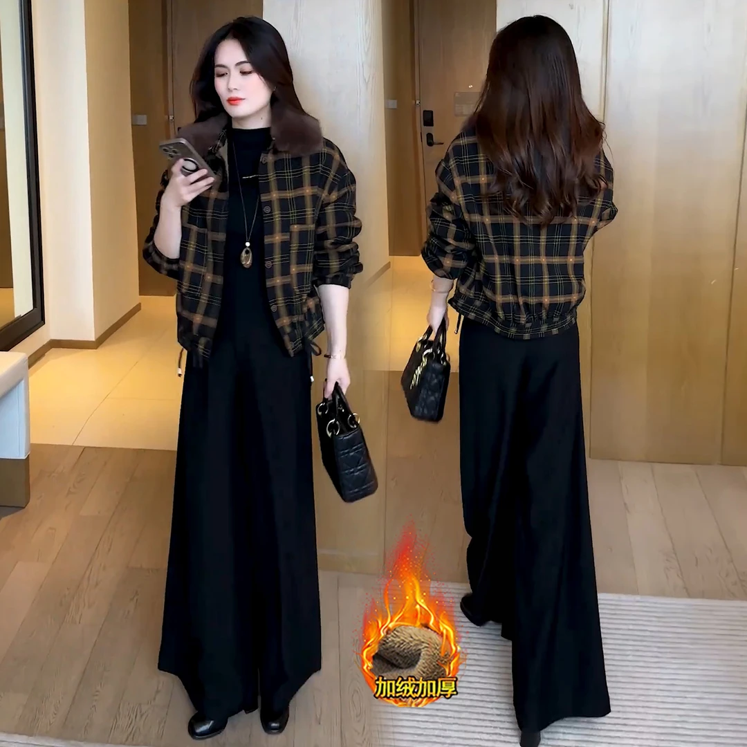 时尚加绒加厚带毛领短款外套女冬季新款洋气显瘦格子保暖夹克上衣