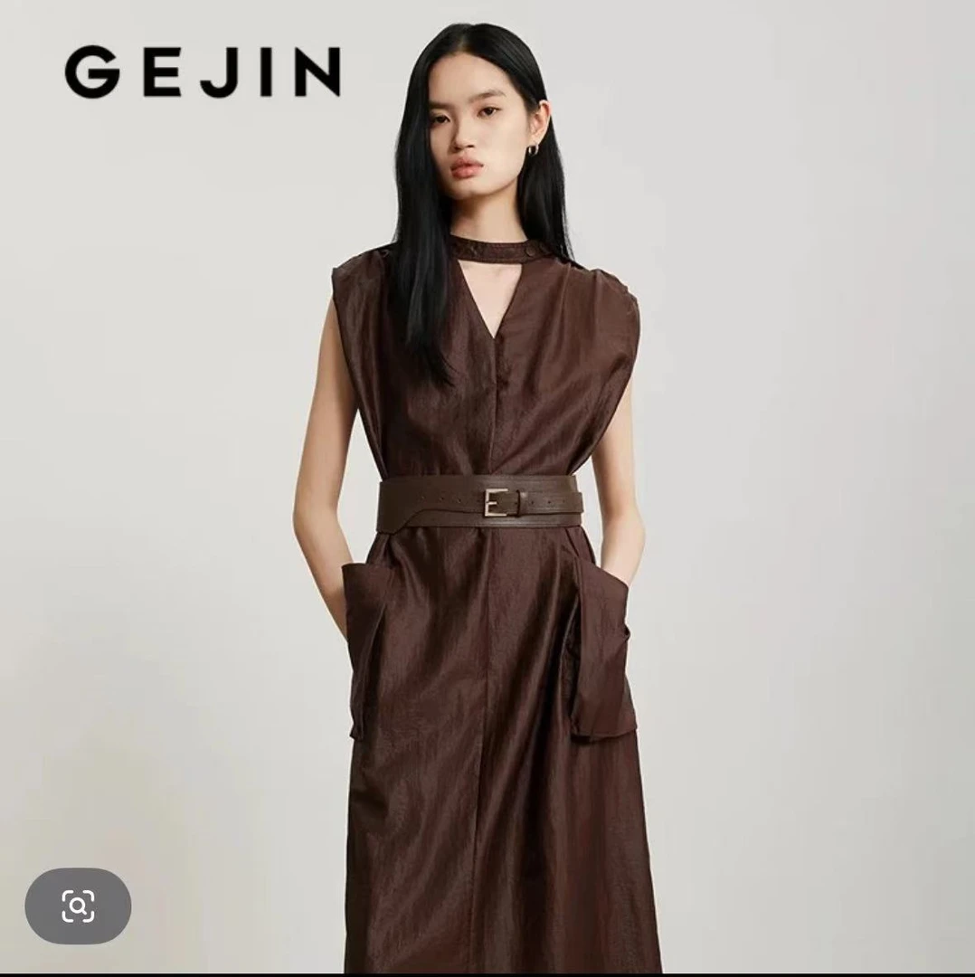 GEJIN/歌锦夏季新款V领衬衫式收腰简约精致气质连衣裙GD22550389