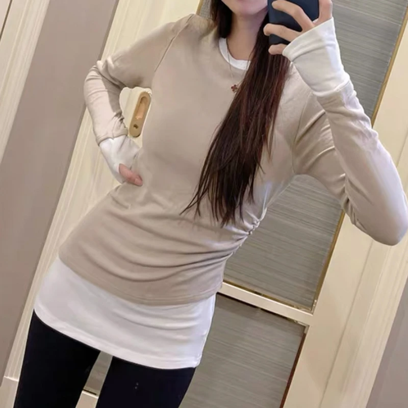 壹壹【内搭伴侣】秋冬拼色假两件磨毛气质长袖褶皱收腰T恤 2401T02