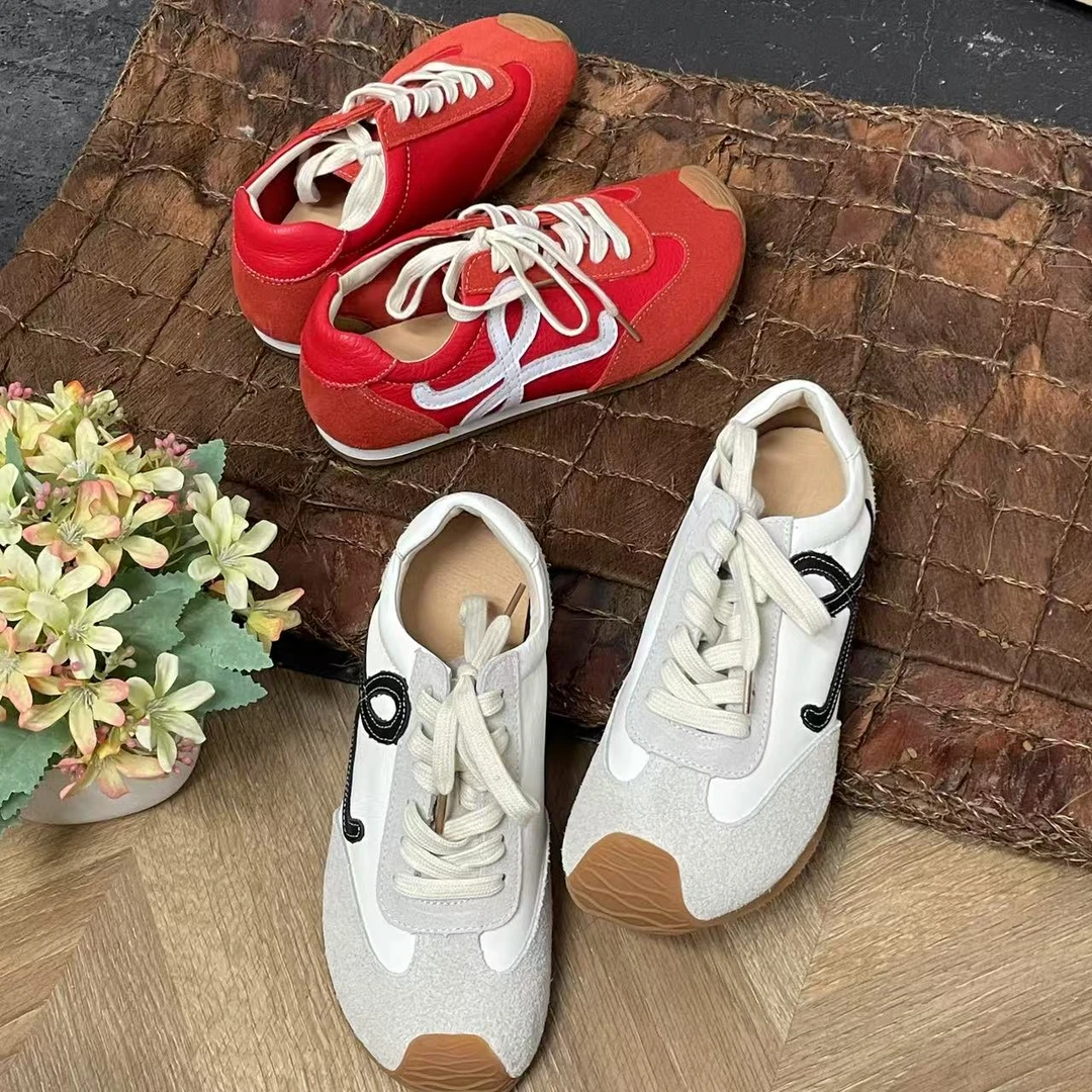 拙手作头层真皮软底女鞋系带一脚蹬软底阿甘拼色德训鞋休闲鞋