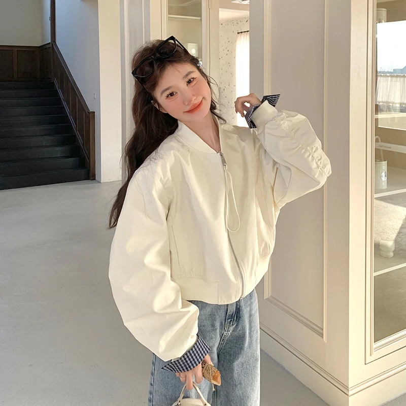 白色棒球服外套女BF风小个子设计感春季2025新款超好看夹克短上衣