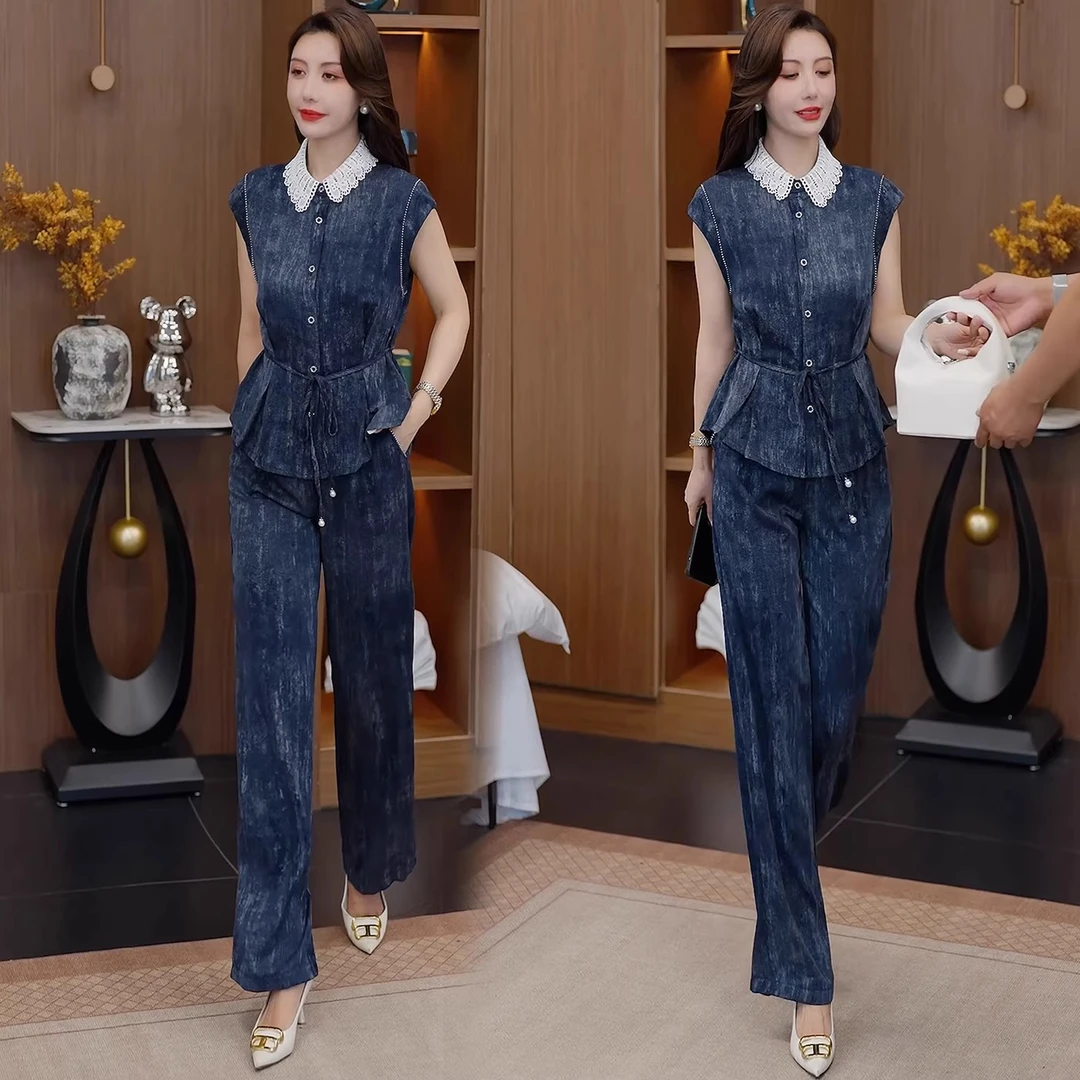 新中式国风套装女2025夏季新款洋气舒适穿搭收腰衬衫阔腿裤两件套