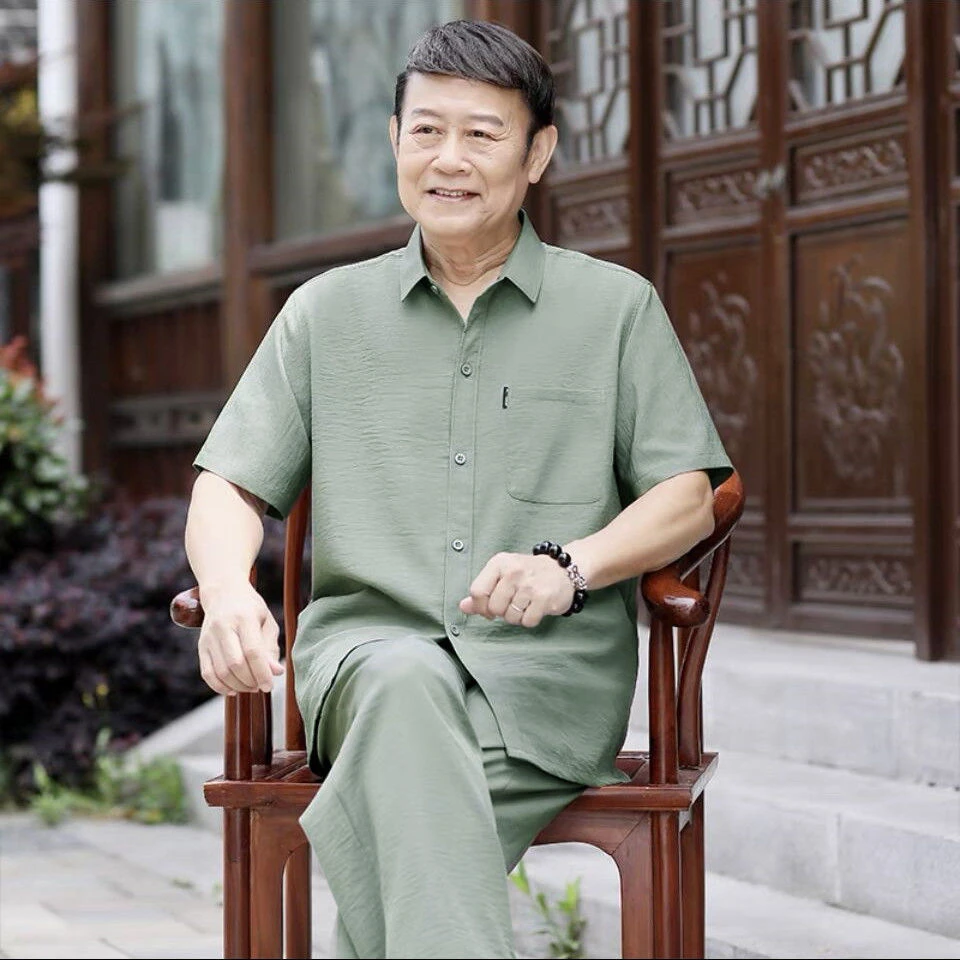 中老年爷爷薄款衬衣爸爸冰丝短袖衬衫男套装夏季中年男士休闲衣服