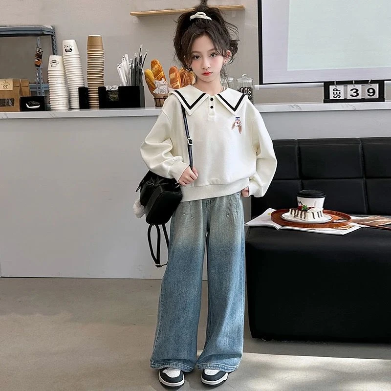 女童秋季套装2025新款女孩韩版卫衣儿童洋气时髦牛仔直筒裤两件套