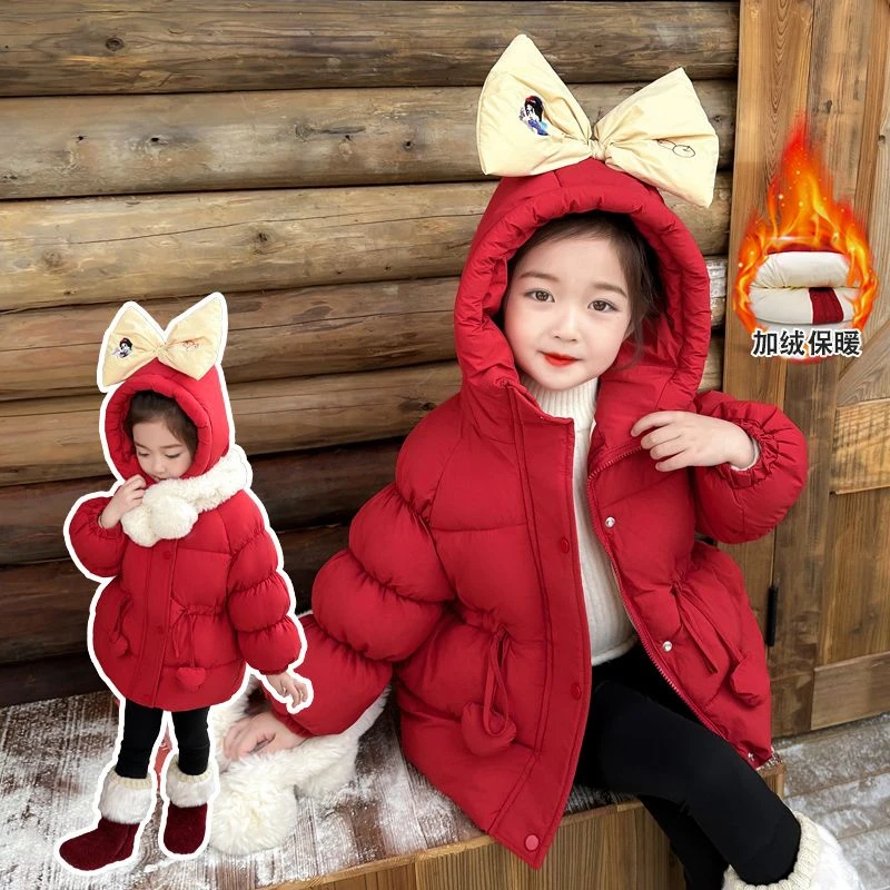 女童新年加绒棉服2025新款儿童加厚冬装拜年服女宝宝红色连帽棉袄