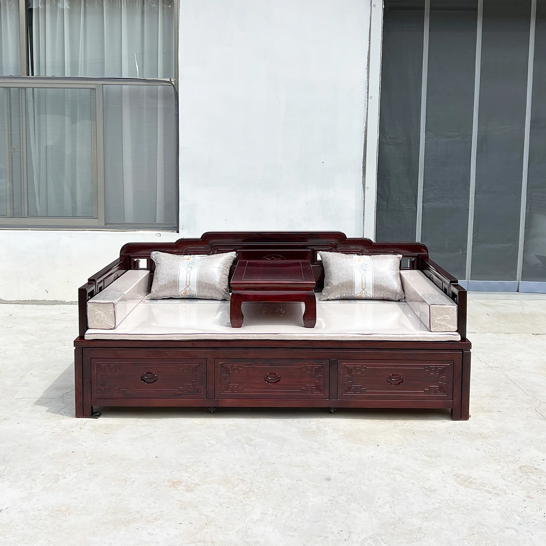 新中式罗汉床实木推拉床沙发老榆木禅意雕花罗汉榻多功能伸缩床