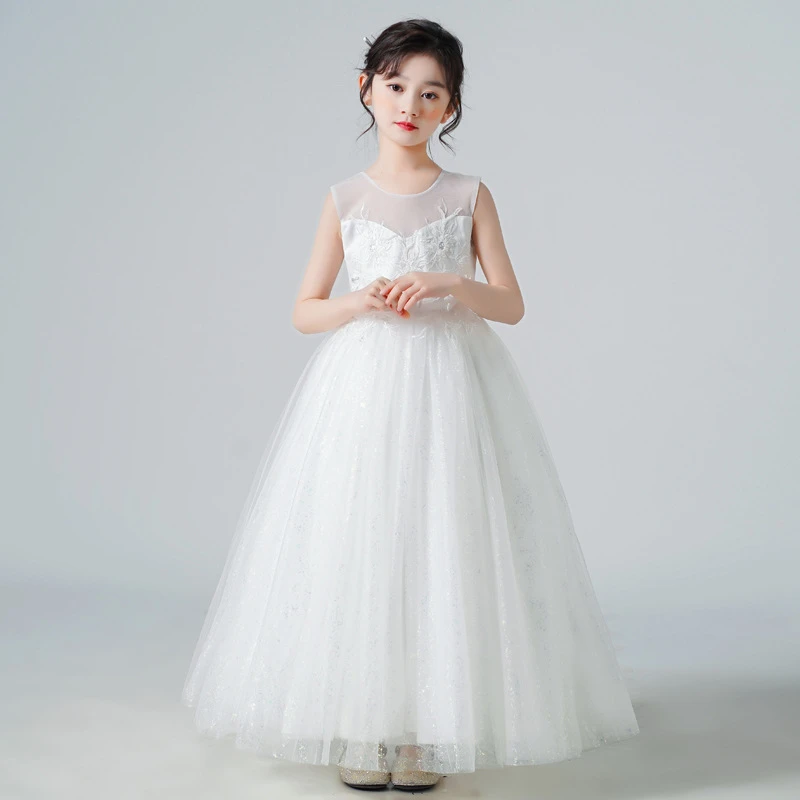 女童夏季无袖花朵刺绣网纱连衣裙长裙礼服蓬蓬裙甜美公主裙演出服