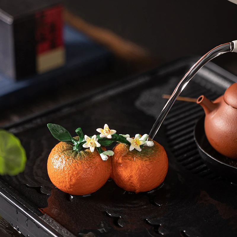 变色橘子花开茶宠摆件精品可养茶玩茶桌大吉大利桔子装饰茶台配件