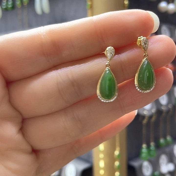 和田玉银S925镀金镶嵌耳饰