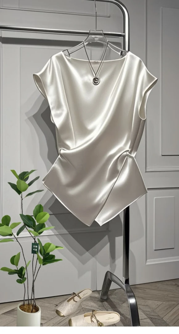 杏色粉色白色缎面设计感女背心夏季新款百搭衬衫上衣