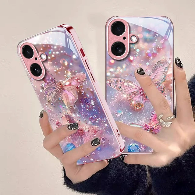 iphone15promax闪钻蝴蝶13min16e14plus苹果适用金属漆手玻璃机壳