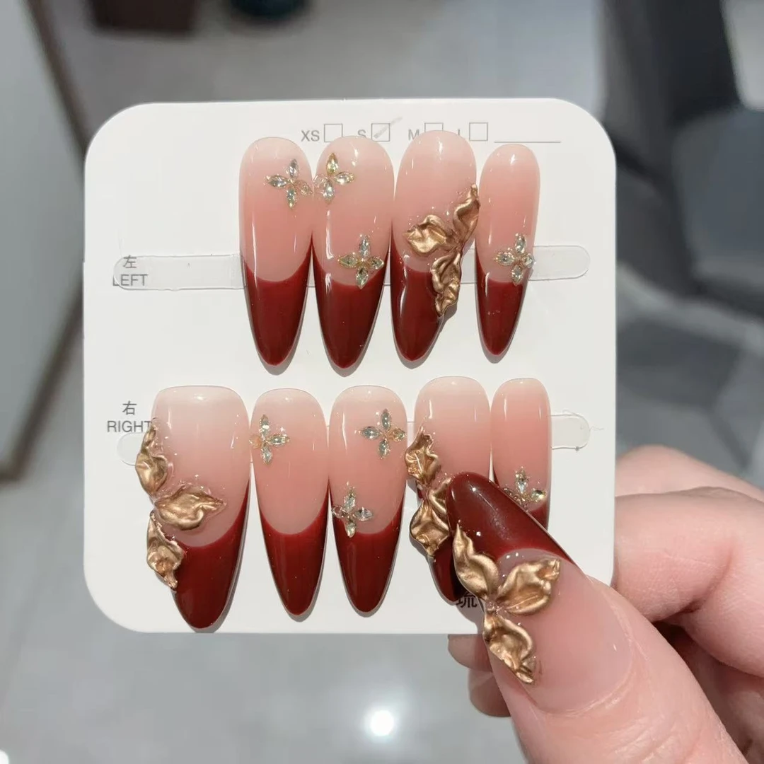 鎏金蝶舞 琉璃苣 纯手工法式手捏花穿戴美甲贴片