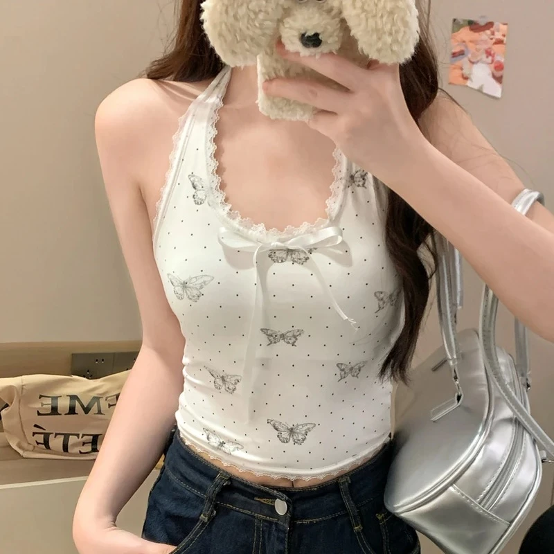 纯欲甜辣妹蕾丝边拼接挂脖吊带背心女2025新款外穿蝴蝶结印花上衣
