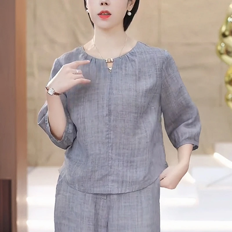 宽松显瘦灰色亚麻衬衫2025夏季新款女短款减龄高级感洋气休闲上衣