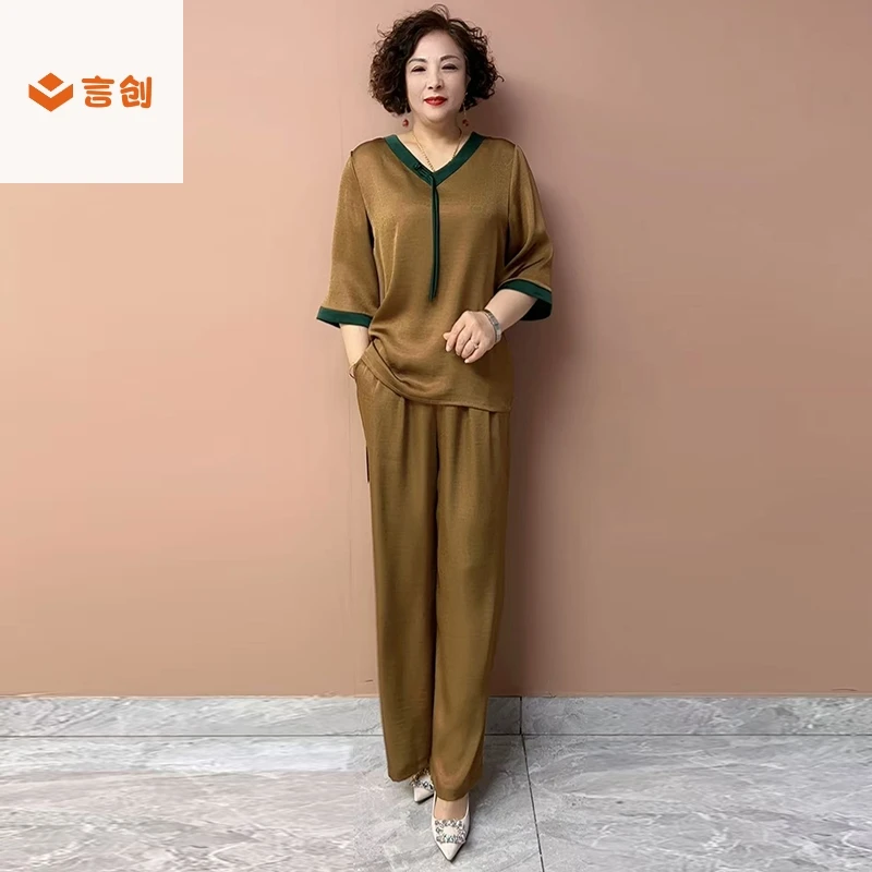 407高档中老年妈妈真丝两件套夏新款国风短袖衬衫阔腿裤洋气套装