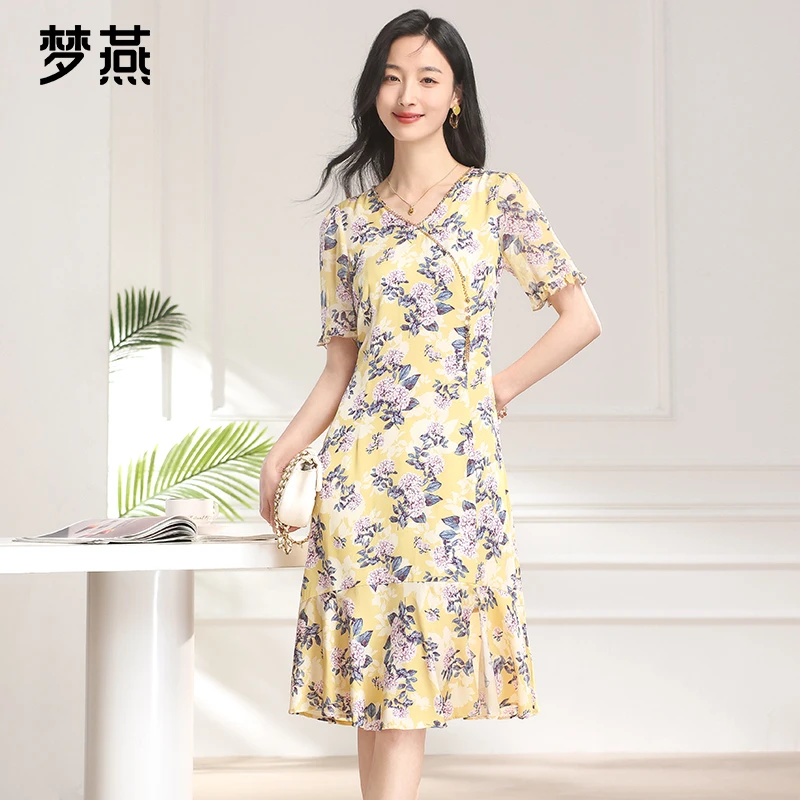 梦燕夏季女款时尚百搭气质宽松休闲显瘦印花真丝连衣裙BS03B4500