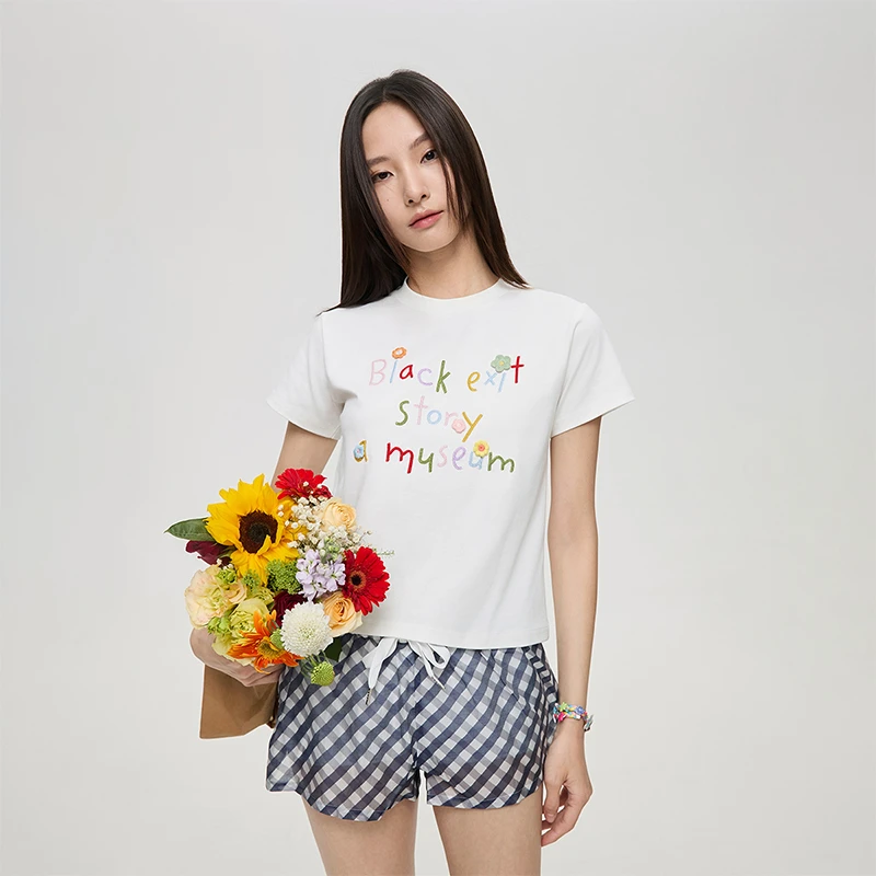 BLACK OF EXIT手工花朵刺绣正肩短袖T恤女潮牌新款修身显瘦上衣