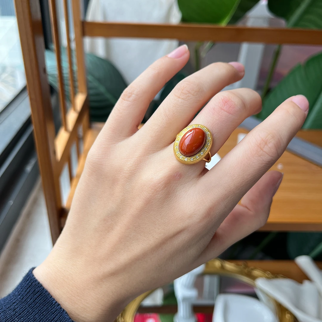 【郭老师】约10*14mm满色满肉南红椭圆蛋面S925银戒指