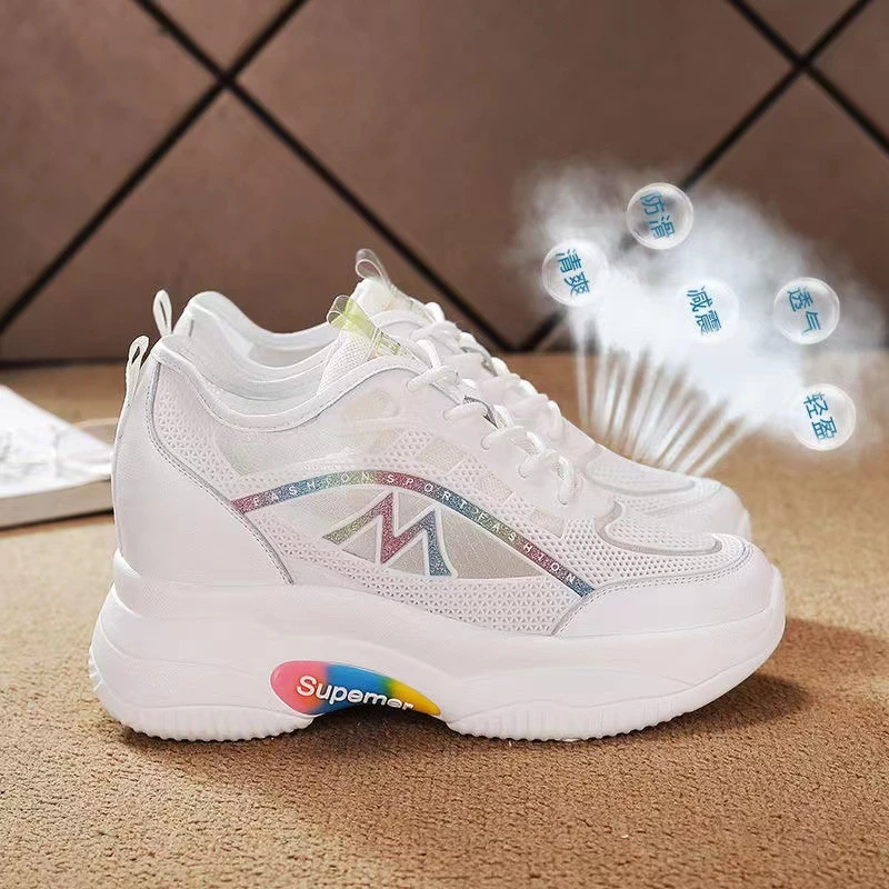 潮流夏季透气网面增高软底女鞋时尚百搭小白鞋2023厚底轻便