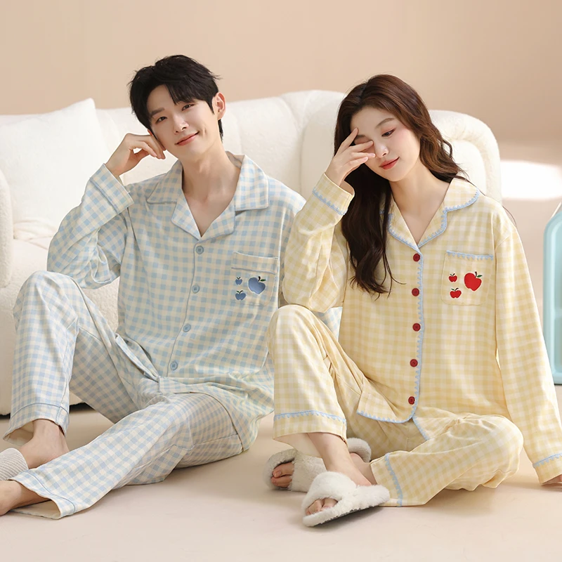 帕兰朵情侣睡衣春秋款100%纯棉长袖长裤女士全棉大码宽松男士家居