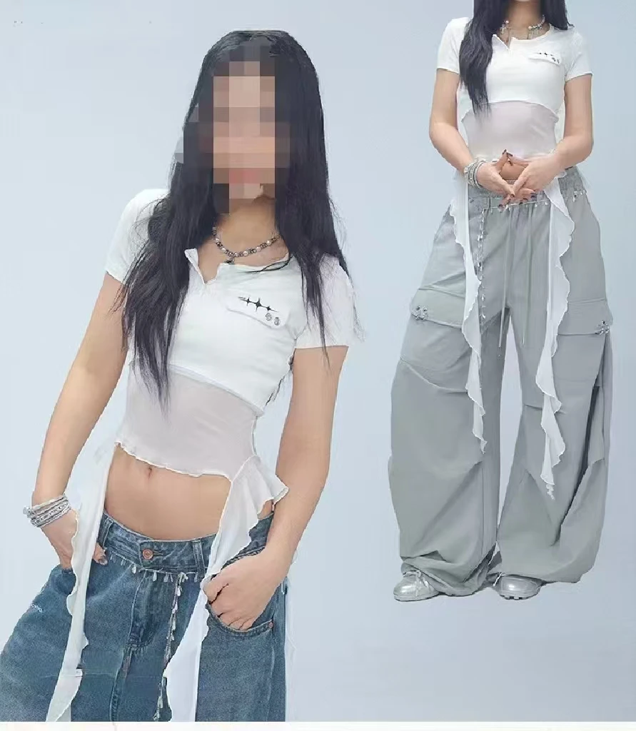 潮牌街舞网纱流苏飘逸爵士辣妹短袖T恤kpop跳舞轻盈夏短款上衣女