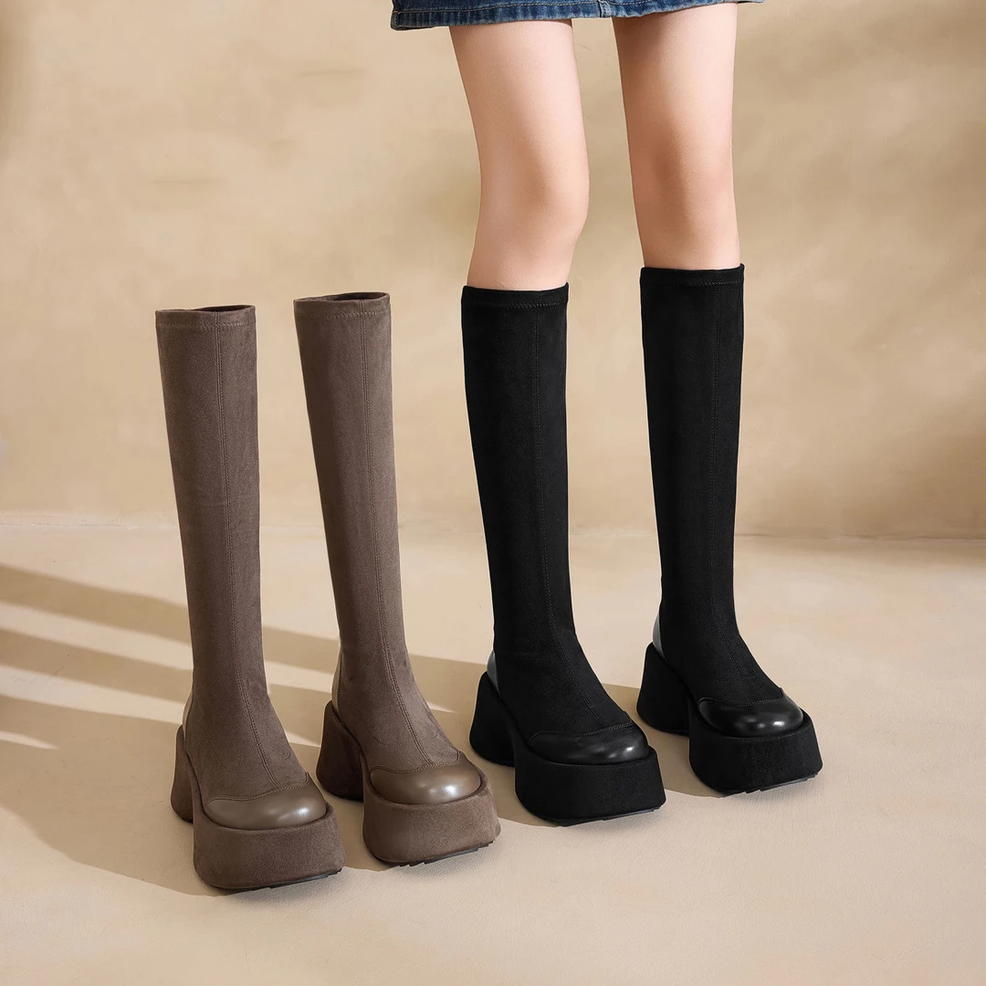 6555 2024冬季新款绒面弹力小个子不过膝厚底靴子女靴秋冬