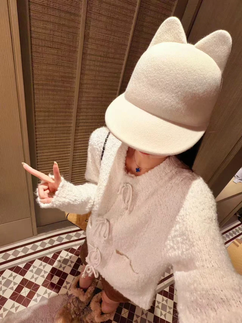 冬季100%纯澳毛猫耳朵设计鸭舌帽加厚包头保暖百搭马术帽气质礼帽